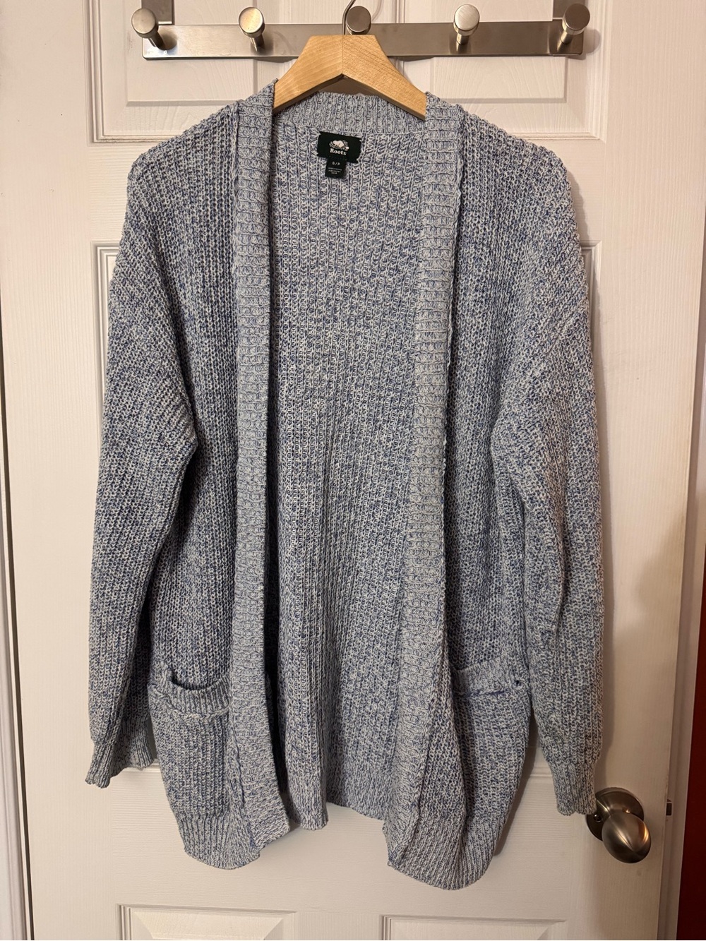 Roots Open-Front Marled Blue Knit Cardigan Sweater